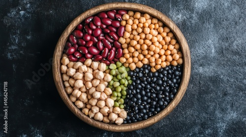A top down image of a selection of fresh legumes including lentils chickpeas and black beans neatly arranged in a wooden bowl soft natural