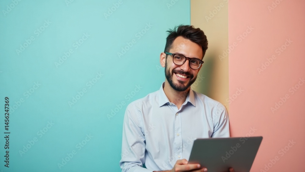 Ubiquitous Learning. Smiling bearded man with glasses in blue shirt us Ubiquitous Learning. Smiling bearded man with glasses in blue shirt us