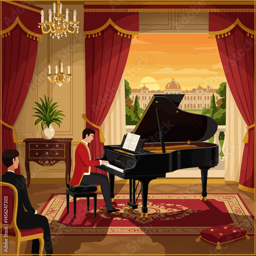Man Playing Grand Piano in Ornate Room with Sunset View