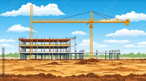 Pixelated construction site illustration with crane against a blue sky creates a vibrant backdrop for urban development projects