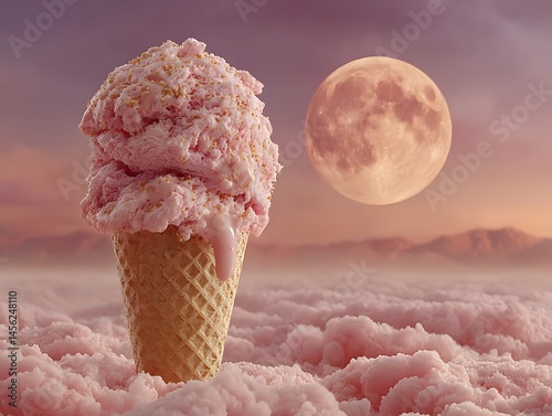 Cosmic Ice Cream Dream: A whimsical vision unfolds, showcasing a colossal ice cream cone perched amidst a sea of cotton candy clouds, with a full moon suspended serenely in the backdrop.