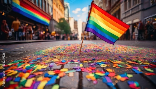 A rainbow pride flag stands on a colorful, confetti-covered street during a lively city celebration, symbolizing LGBTQ+ pride and inclusivity.