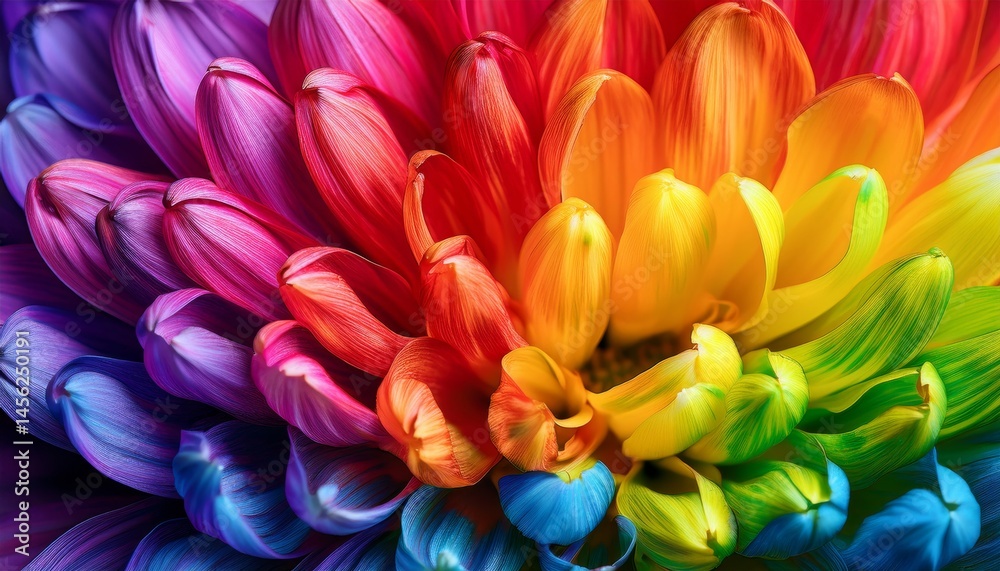 Fototapeta premium A vibrant, close-up image of a flower with multicolored petals arranged in a stunning rainbow gradient.
