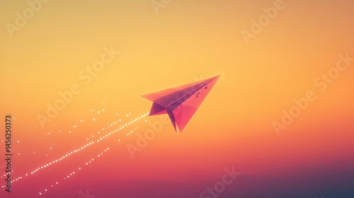 Red paper plane soaring through a yellow-orange gradient sky.