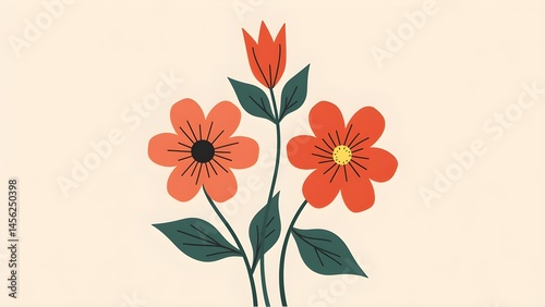Red and Orange Flower Botanical Illustration and Graphic Art Design with Leaves on a Cream Background