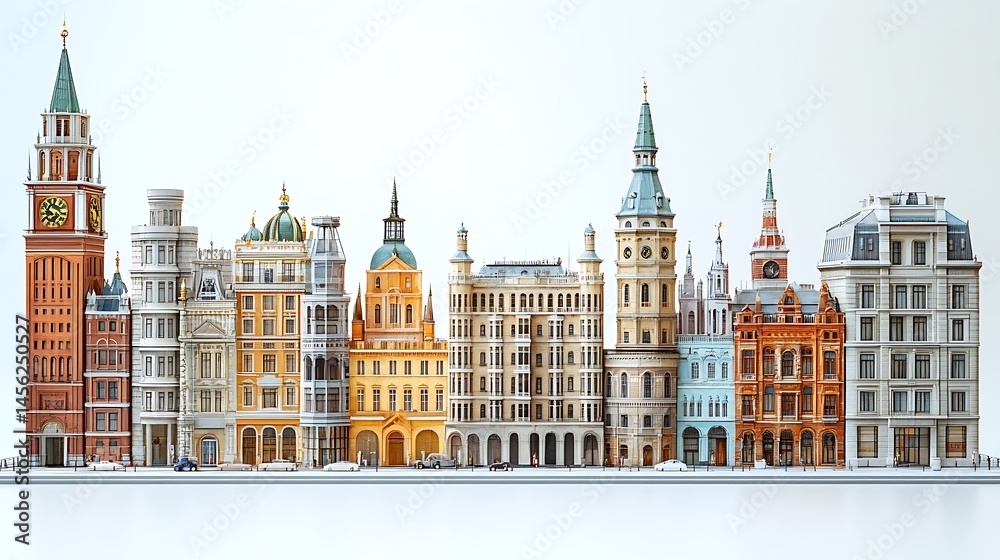 Fototapeta premium Fantasy skyline with global iconic structures high resolution photo