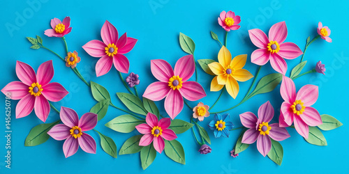 digital artwork featuring a composition of paper-cut flowers on a bright blue background 
