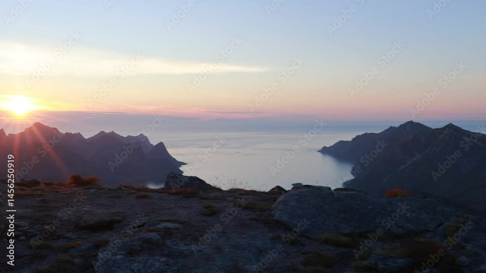 Children and adults, family with dog, hiking Grytetippen trail in Senja, Lofoten on a sunny hot summer day