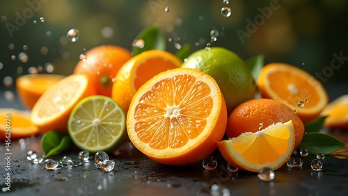 Vibrant Citrus Medley: Fresh Oranges and Limes with Water Droplets on Dark Surface