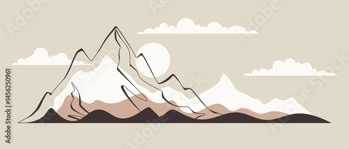 Minimalistic mountain landscape, geometric stylization mountain, sunrise and sun, vector illustration