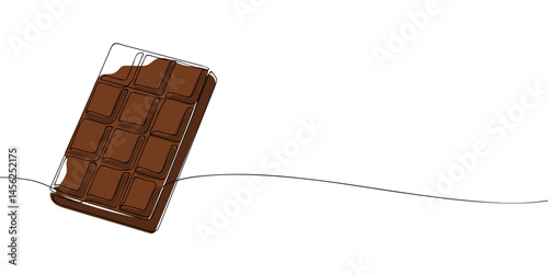 Simple continuous line art of a chocolate bar with a bite, perfect for food, dessert, or confectionery-themed visuals and design.