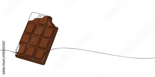 Minimalist one line drawing of a chocolate bar with a bite taken out, blending simplicity with sweet indulgence in design.