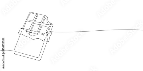 Continuous one-line illustration of a chocolate bar with a bite taken out, symbolizing indulgence and sweet cravings on white background.