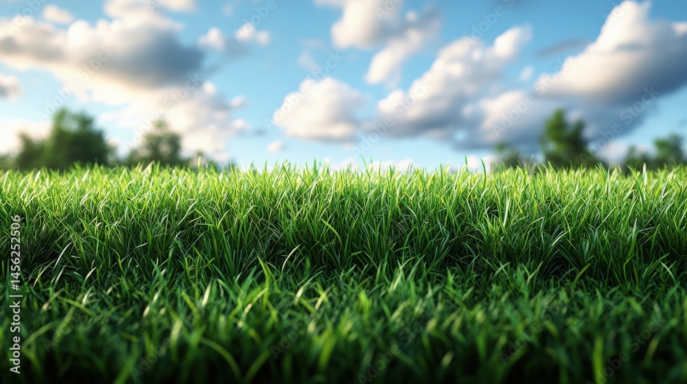 Fototapeta premium Lush green grass under a bright, cloudy sky; perfect summer day background