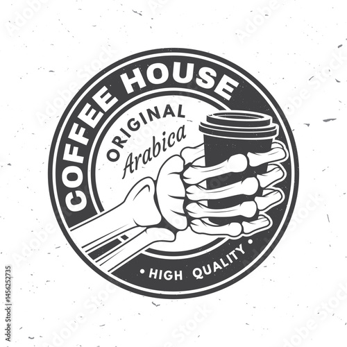 Coffee house. Vector illustration. Concept for cafe and restaurant logo, brand, label. Logo with human skeleton hand holding coffee cup.