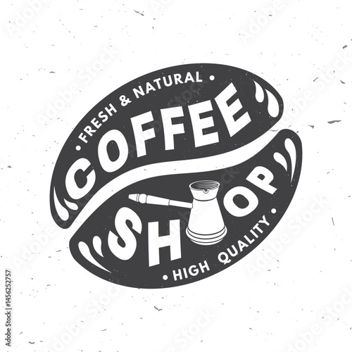 Coffee shop. Hot and aromatic. Vector illustration. Concept for cafe and restaurant logo, brand, label. Logo with coffee beans and bowl with a handle for making coffee on the stove. Turkish pot of