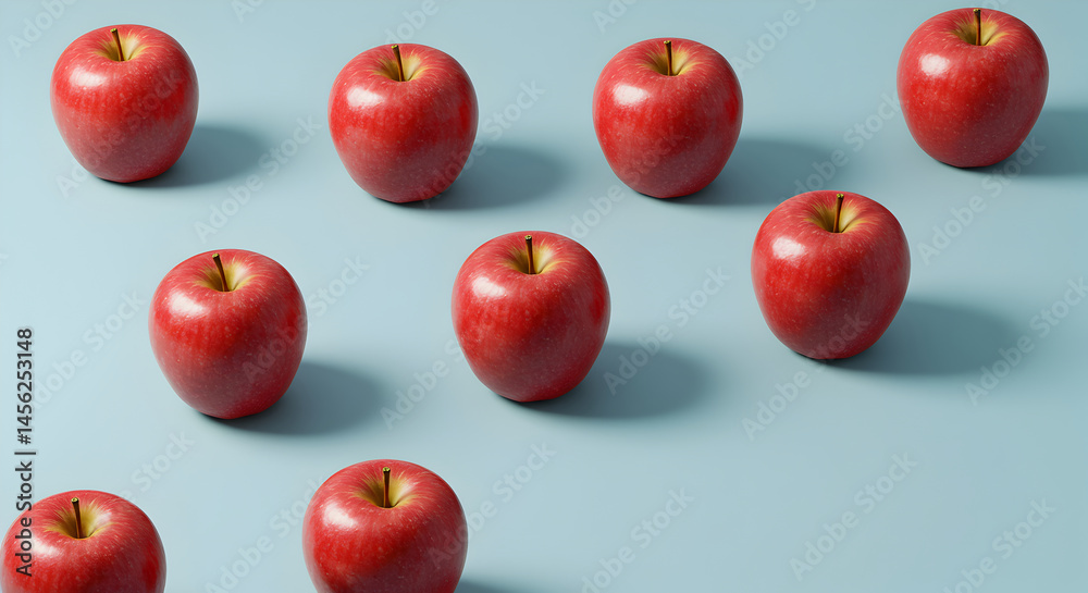 Shiny Red Apples On Pale Blue Background, Healthy Fresh Fruits Shiny Red Apples On Pale Blue Background, Healthy Fresh Fruits