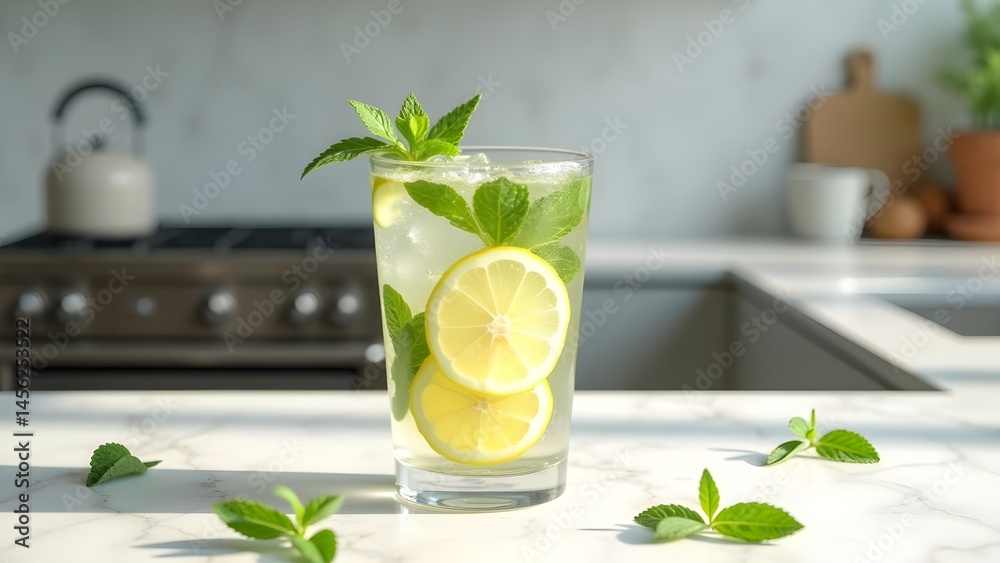Fototapeta premium Refreshing Lemonade with Lemon and Mint in Glass on Marble Counter in Kitchen. Beverage Still Life.