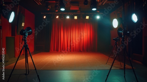 Behind-the-scenes shot of studio setup with tripod, lights, and empty backdrop for headshot session