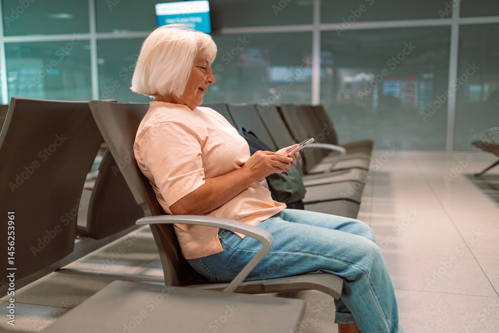 A cropped image of a senior Caucasian female tourist is holding her smartphone and passport, checking her flight information on her phone while sitting at a waiting seat in the airport terminal.