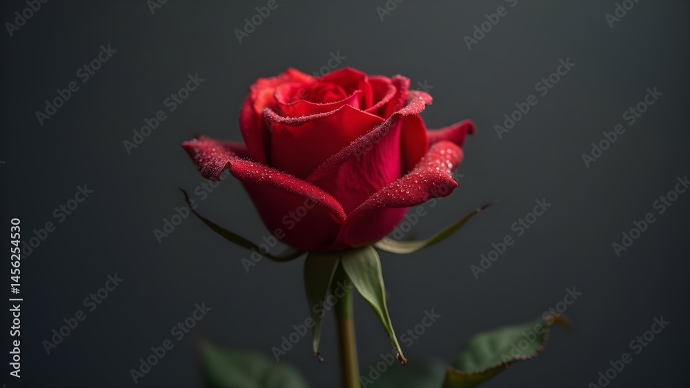 Fototapeta premium Blooming Red Rose with Water Droplets on Petals Against a Dark Background