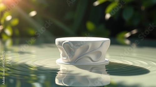 White sculpted pedestal with organic texture floating in rippling water under soft sunlight