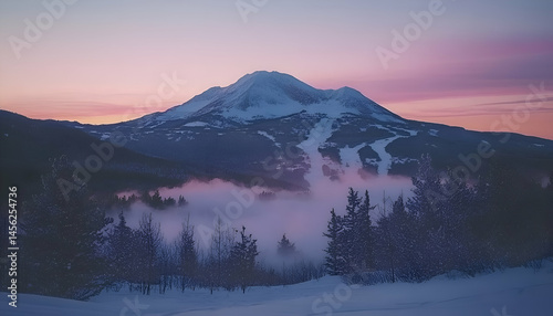 Snowy Mountain Peak at Sunset with Fog and Pink Sky