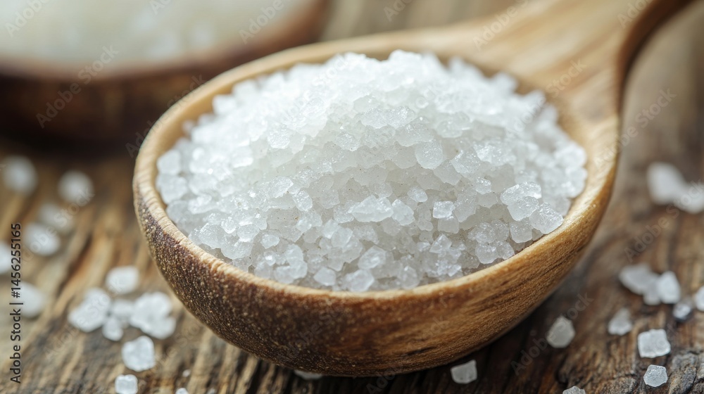 A close-up of white MSG crystals in a wooden spoon, with a small bowl filled with MSG on a wooden surface, capturing the fine texture of the seasoning. A close-up of white MSG crystals in a wooden spoon, with a small bowl filled with MSG on a wooden surface, capturing the fine texture of the seasoning.