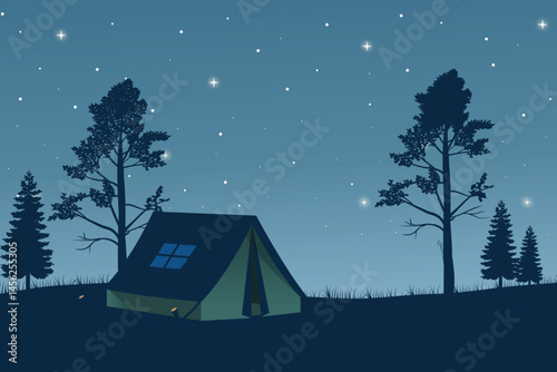 Peaceful Nighttime Camping Scene with a Tent Under a Starry Sky, Surrounded by Pine Trees and Distant Mountain Ranges. Tranquil Outdoor Adventure Illustration
