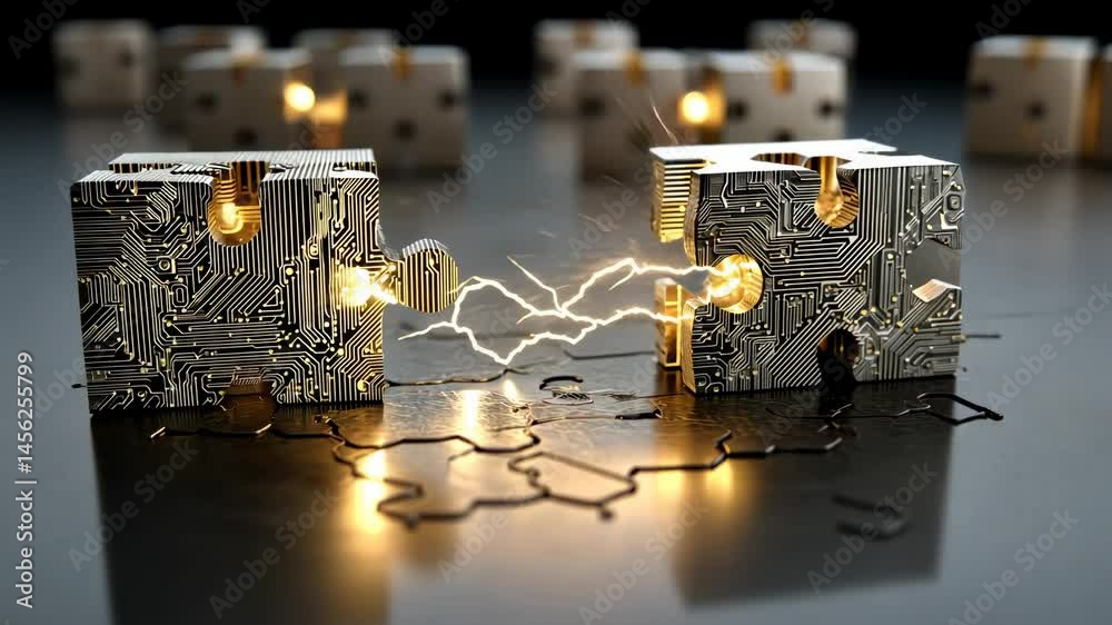 Connecting Circuits Cubes patterned with circuits linked by electricity on a reflective surface