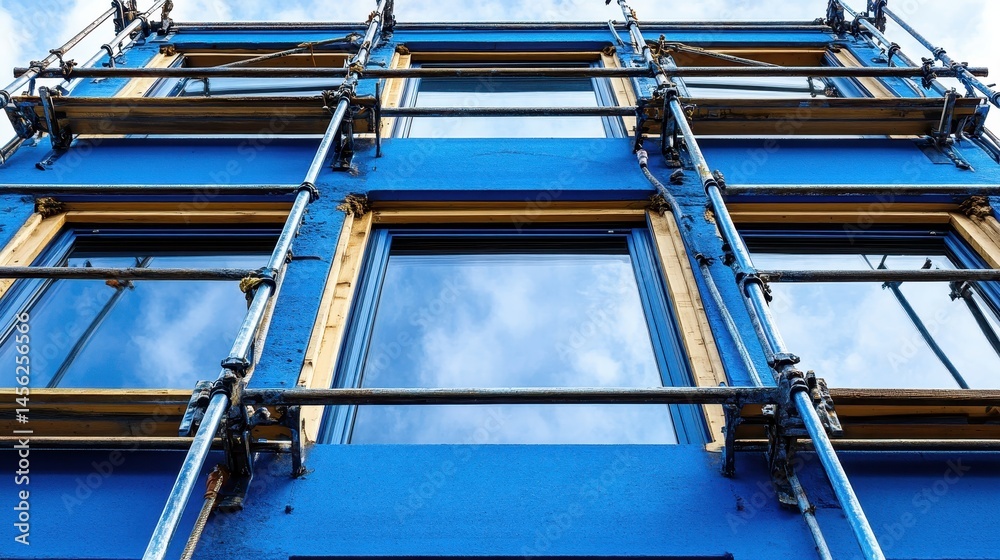 Blue facade with scaffolding reflecting sky construction site undergoing facade renovation architectural detail urban renewal Blue facade with scaffolding reflecting sky construction site undergoing facade renovation architectural detail urban renewal