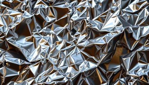 The aluminum foil is crumpled into intricate patterns, catching the sharp light reflections like a disco ball, creating a dazzling display of shimmering silver hues.