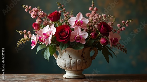 Elegant Arrangement of Red Roses and Pink Orchids in Vintage Vase, Romantic Floral Still Life Centerpiece