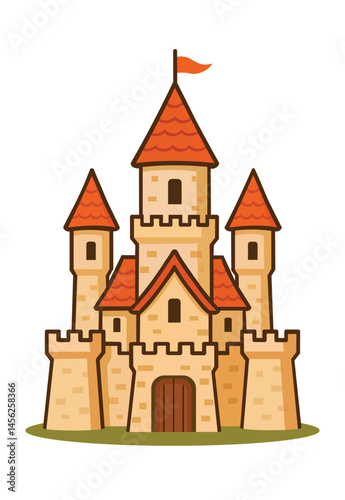 Cartoon Castle with Red Roof and Flag