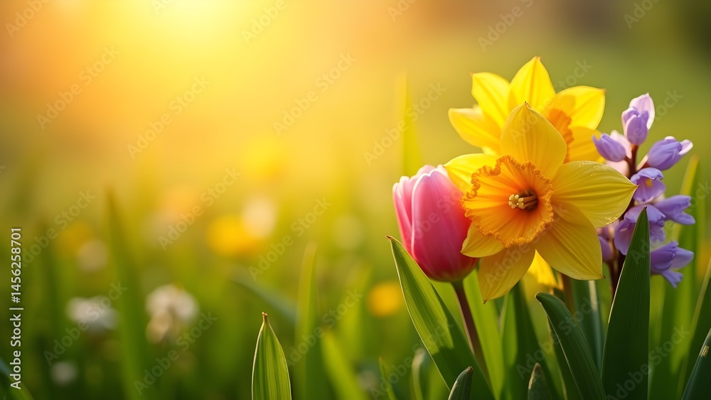 Obraz premium Spring Blooms: Daffodils, Tulip, and Hyacinth in Golden Sunlight