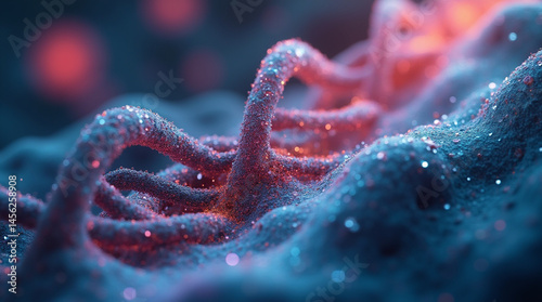Zoom-in on RNA structures inside a cell nucleus, vibrant textures and colors, biotechnological concept art, hyperreal style, close-up, microphotography