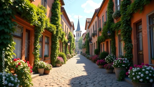 Charming European street scene with flowers and church steeple view, cobblestone road, vines, old town architecture.