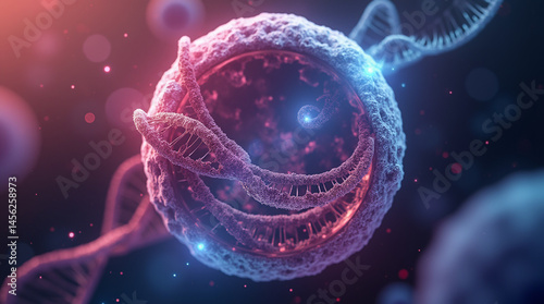 Zoom-in on RNA structures inside a cell nucleus, vibrant textures and colors, biotechnological concept art, hyperreal style, close-up, microphotography