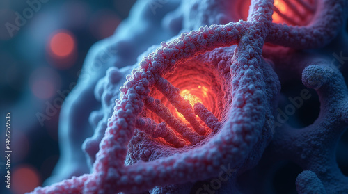 Zoom-in on RNA structures inside a cell nucleus, vibrant textures and colors, biotechnological concept art, hyperreal style, close-up, microphotography