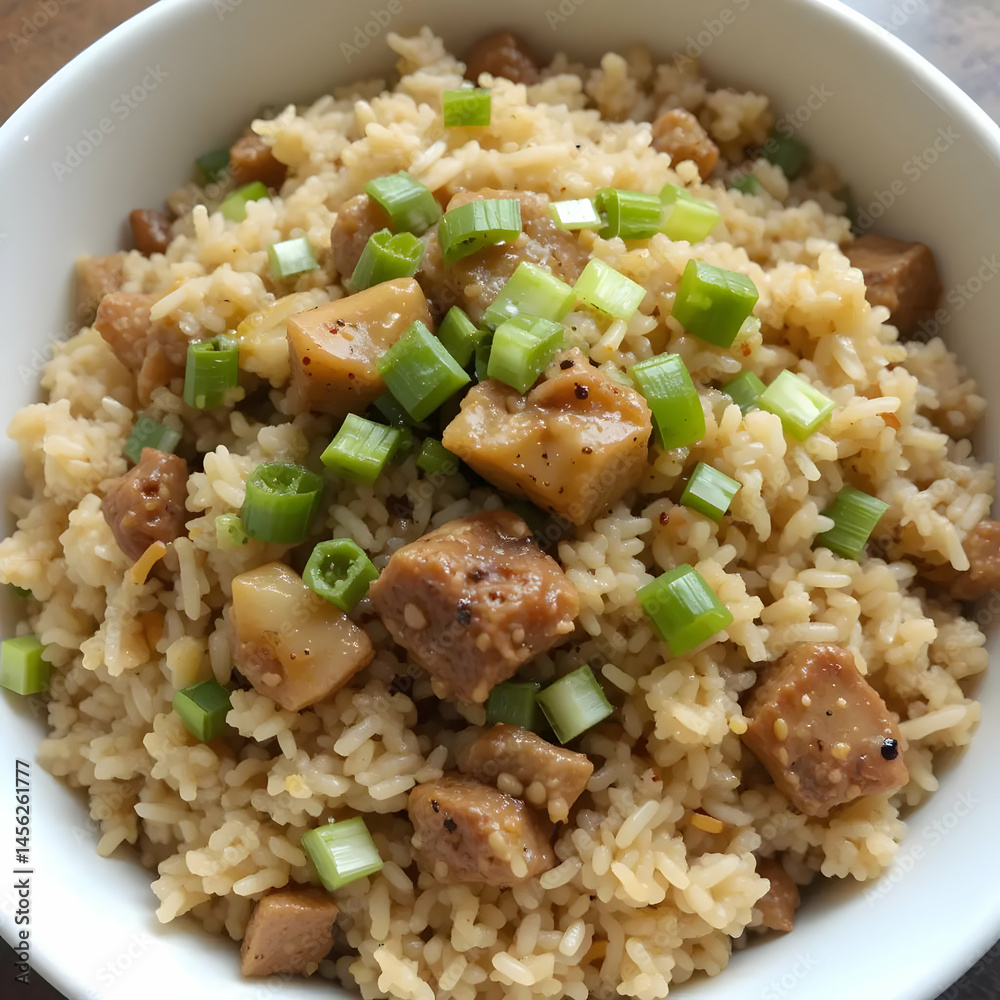 Serving of Fried Rice with Cubed Tofu and Green Onion Topping Serving of Fried Rice with Cubed Tofu and Green Onion Topping