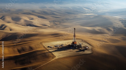 Wallpaper Mural Dusty field with active onshore oil rig and long shadow across arid land Torontodigital.ca