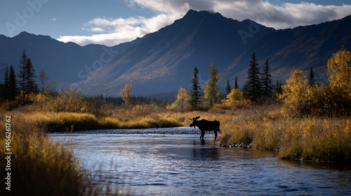 European elk hybridize a river against a mountain backdrop in autumn.