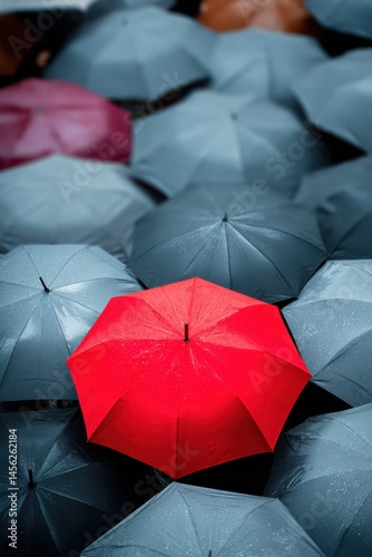 Bright red umbrella stands out among a sea of dark umbrellas during a rainy day