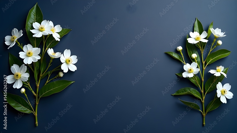 Obraz premium Elegant Floral Design: White Blossoms and Green Leaves on Dark Blue Background