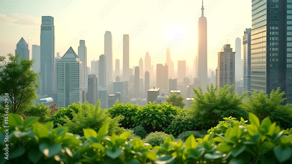 Fototapeta premium Cityscape with Greenery: Skyline View with Lush Rooftop Garden, Urban Landscape with Modern Buildings and Nature