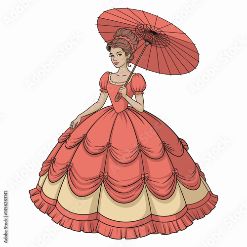 Southern Belle in Elegant Antebellum Dress with Parasol