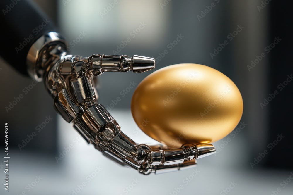 Robotic hand gently holding a shiny golden egg in a modern setting with blurred background Robotic hand gently holding a shiny golden egg in a modern setting with blurred background