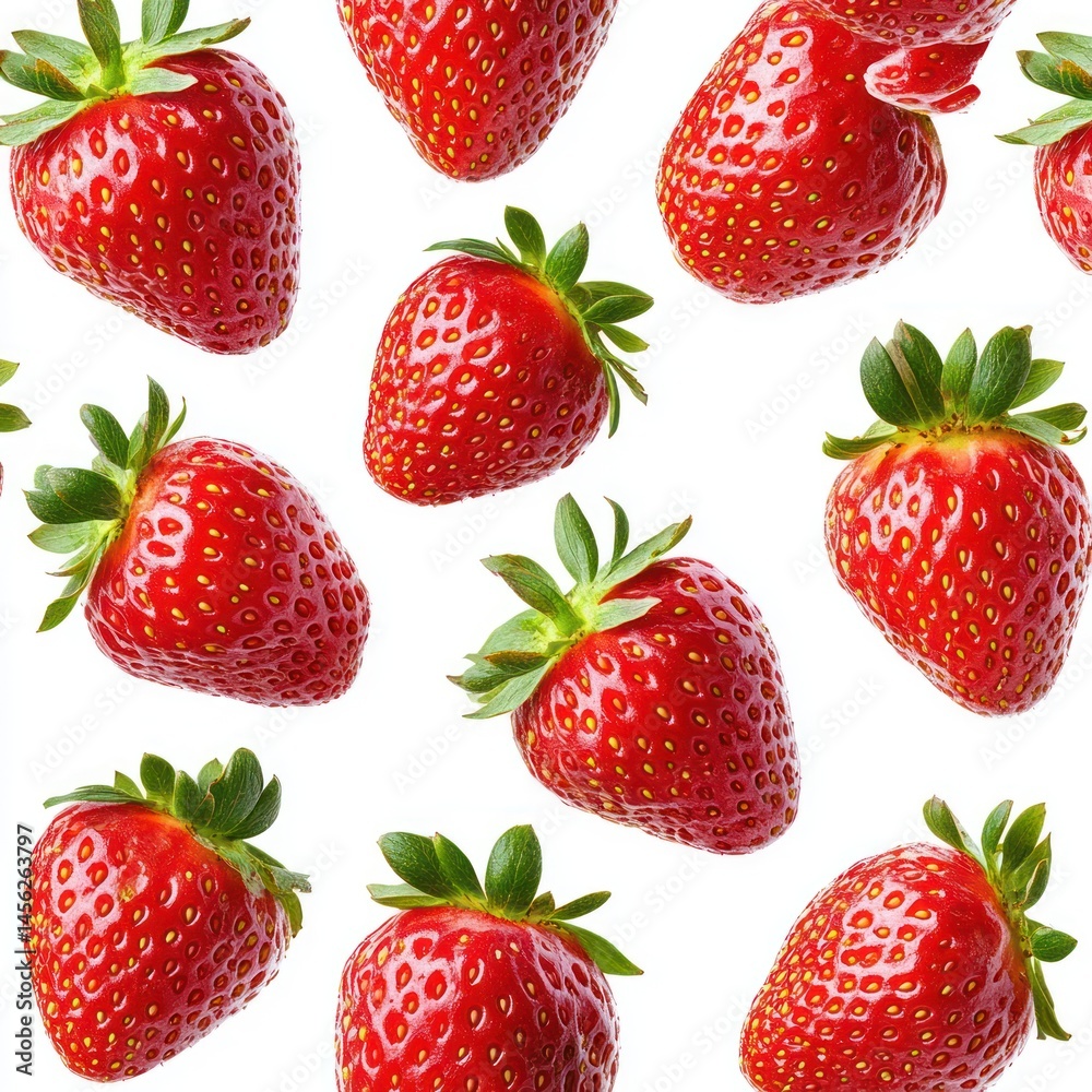 Fresh Red Strawberries with Green Leaves Arranged in a Beautiful and Vibrant Pattern on White Background Fresh Red Strawberries with Green Leaves Arranged in a Beautiful and Vibrant Pattern on White Background
