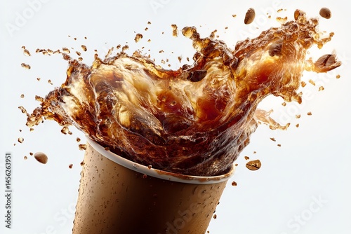 Dramatic shot capturing a vibrant coffee splash bursting forth from a brown disposable cup.