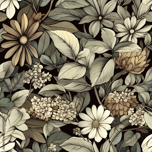 Floral Symphony: An elegant and seamless pattern of diverse flowers and leaves, showcasing natural beauty and harmonious design.